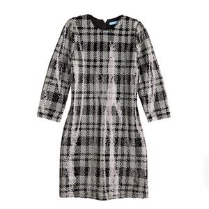 Draper James New Size 8 Sequin Sheath Party Dress Black White Plaid Preppy